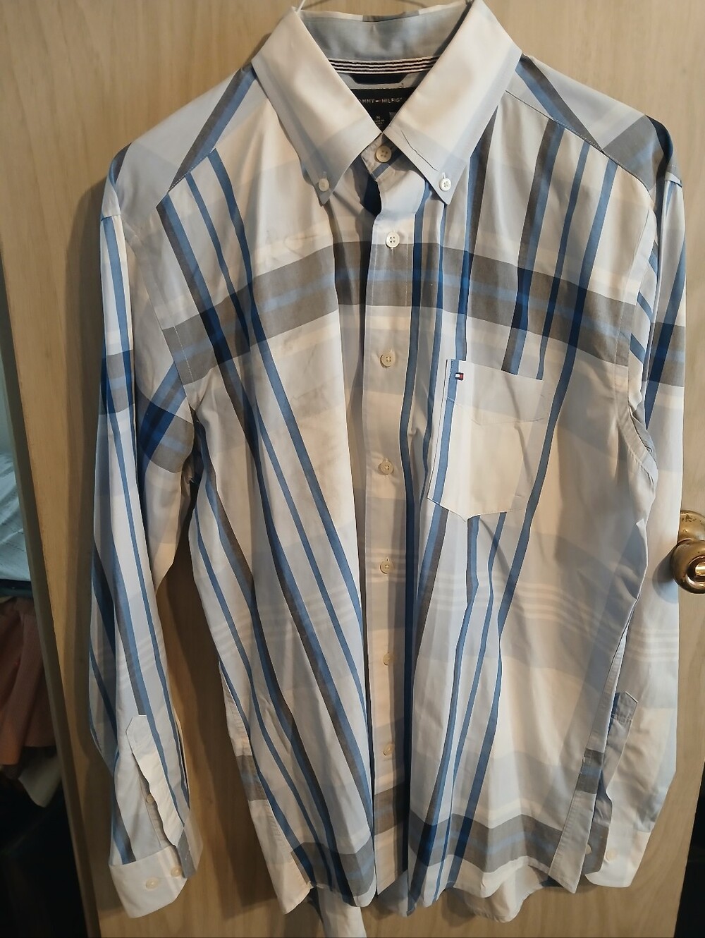 TOMMY HILFIGER MEN'S 80' TWO FLY LONG SLEEVE BLUE & GRAY STRIPED SHIRT SIZE M